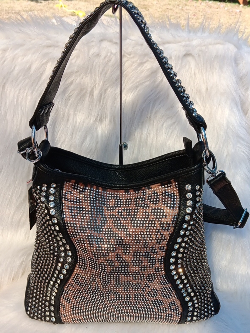 Handbag Express Black Leopard-Print Rhinestone Shoulder Bag